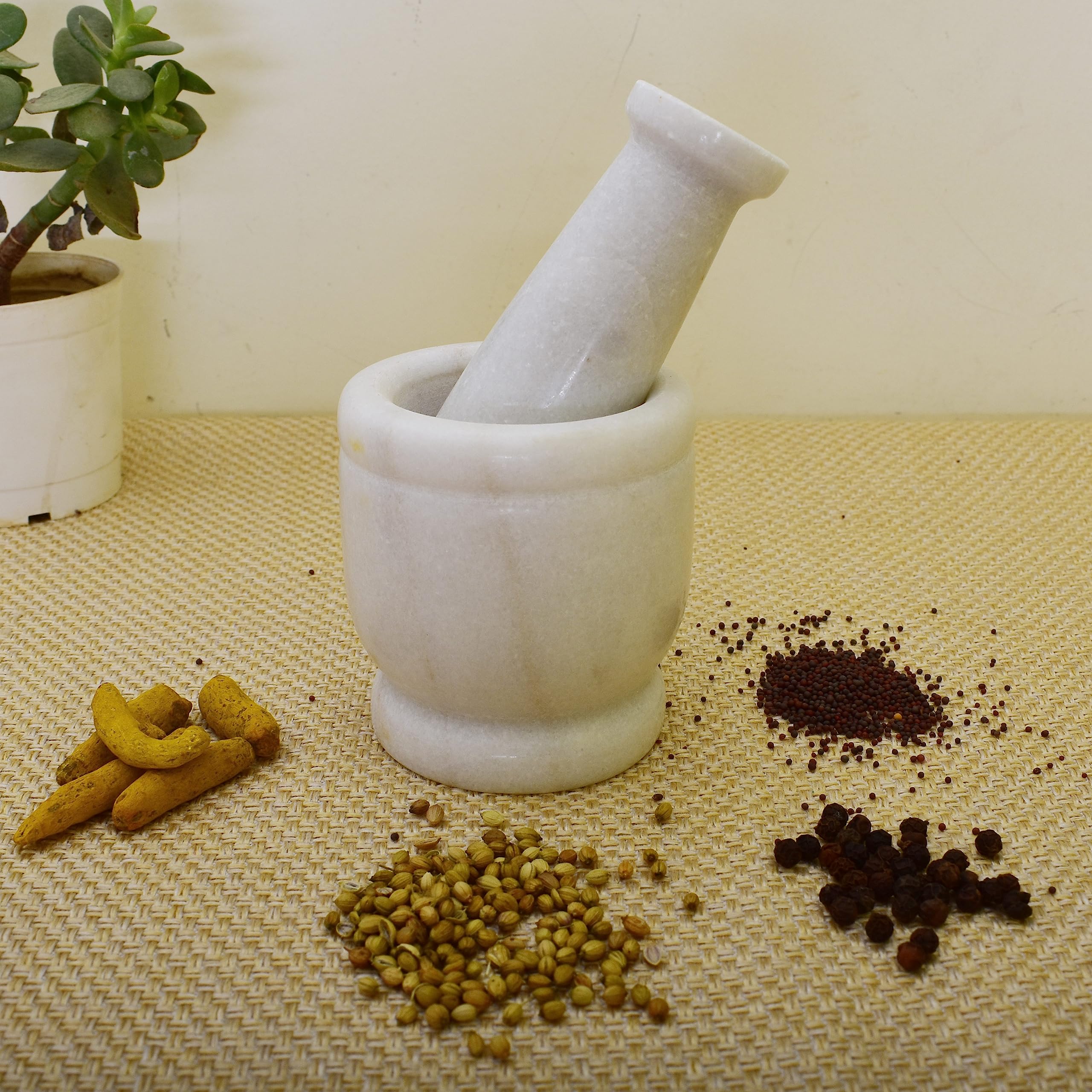 KunhaR Natural White Marble Mortar and Pestle Set, Imam Dasta, Ohkli Musal, Kharal - 3 x 3 Inches, White, (Half Polish) - Image 5